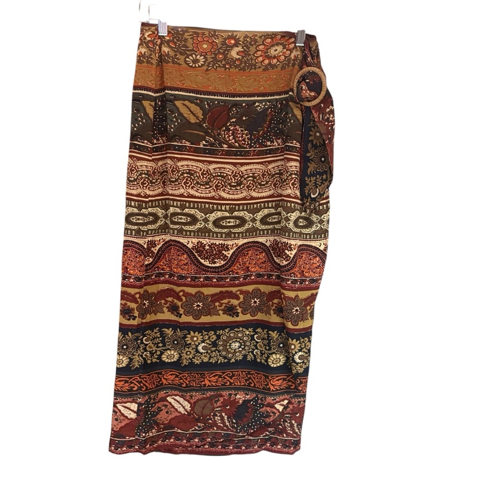 VTG Express Brown Floral‎ Wrap Silk Women's Maxi Skirt Size 9